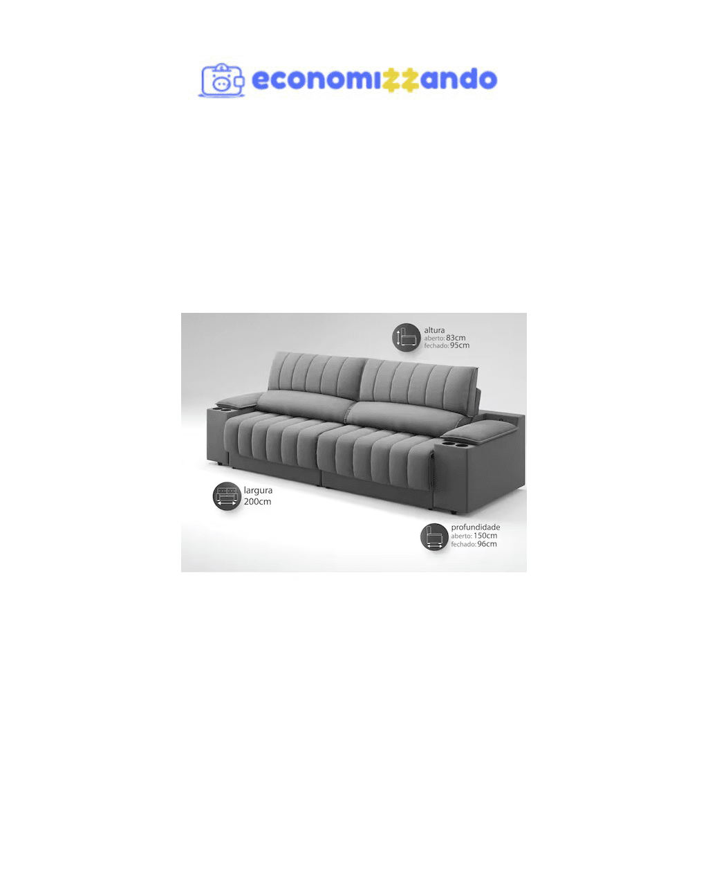 Sofá com Porta Copos Carregador USB Ret Rec Murano 2,00m Velosuede Grafite - NETSOFAS
