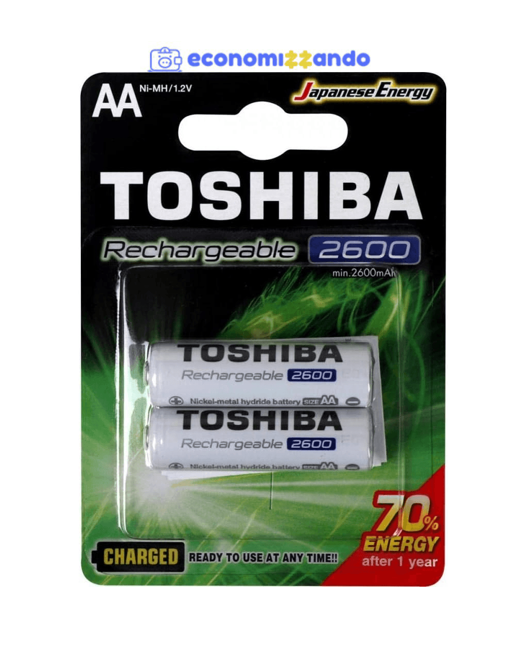 Pilha Recarregável AA 1,2V 2600mAh TNH6GAE TOSHIBA (Cartela com 2 unid.) 