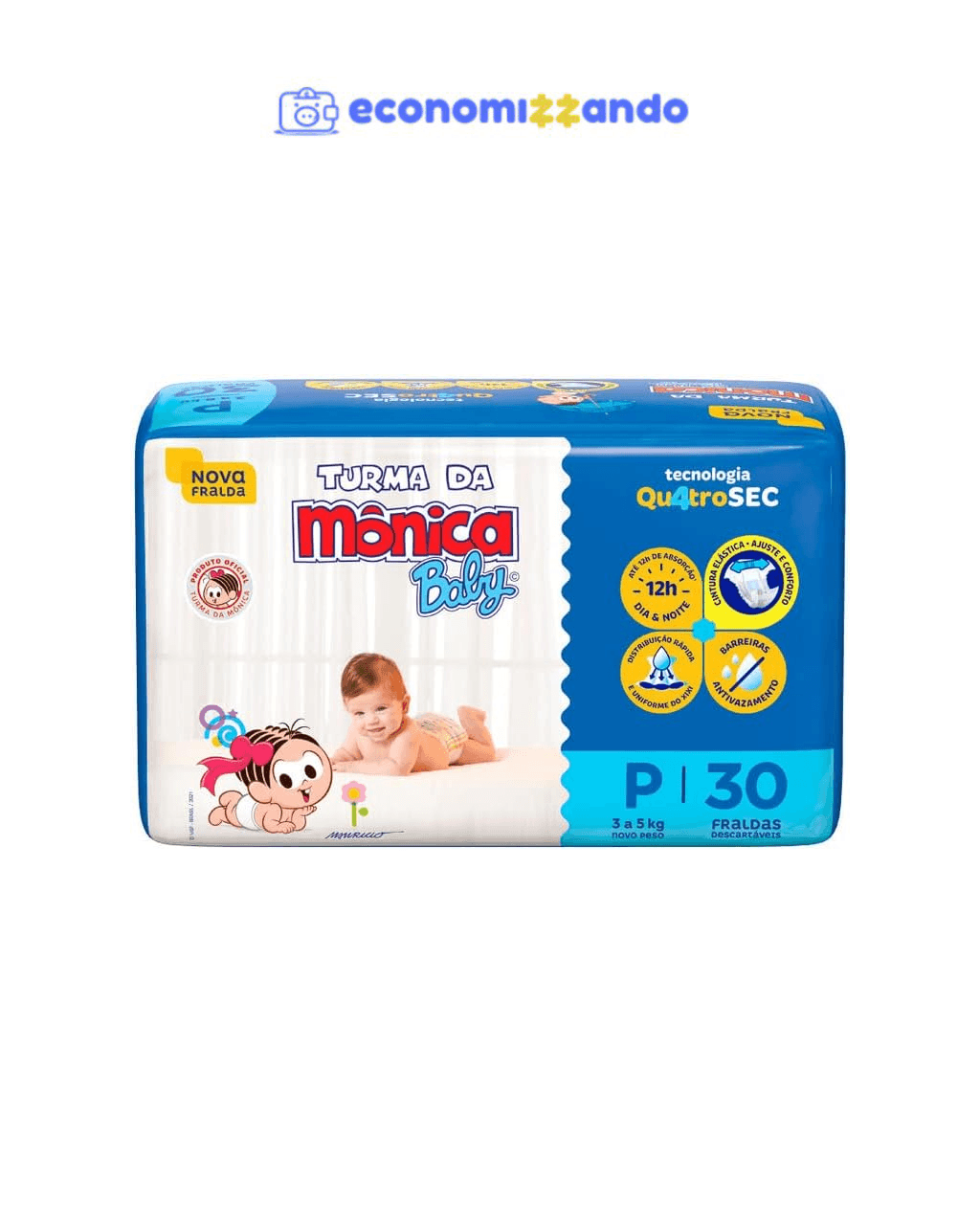 Fralda Turma da Mônica Baby P com 30 unidades