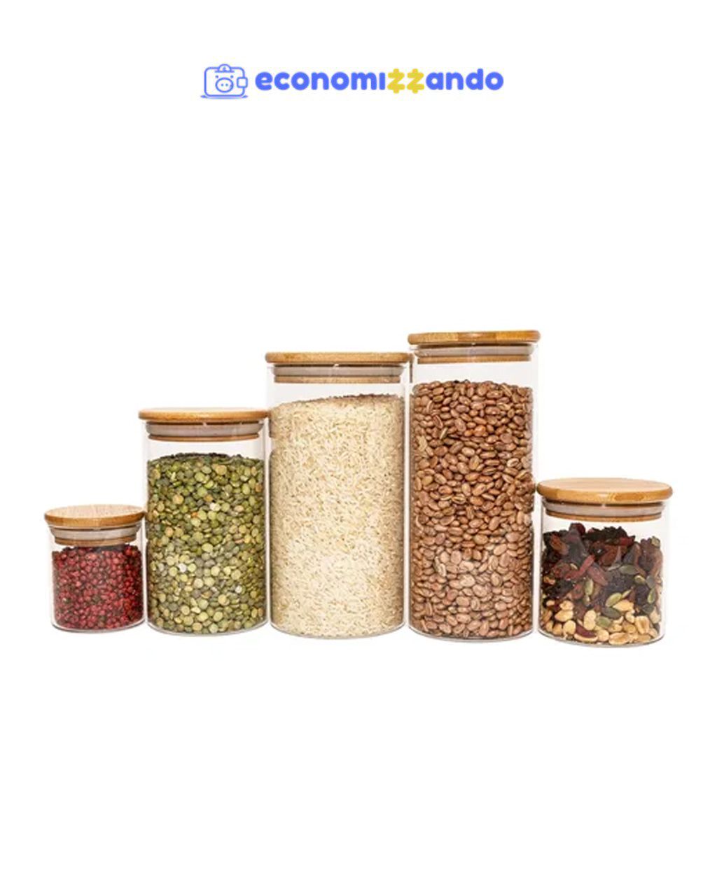 Potes De Vidro P/ Mantimentos C/ Tampa Bambu Oikos - 5 Pçs