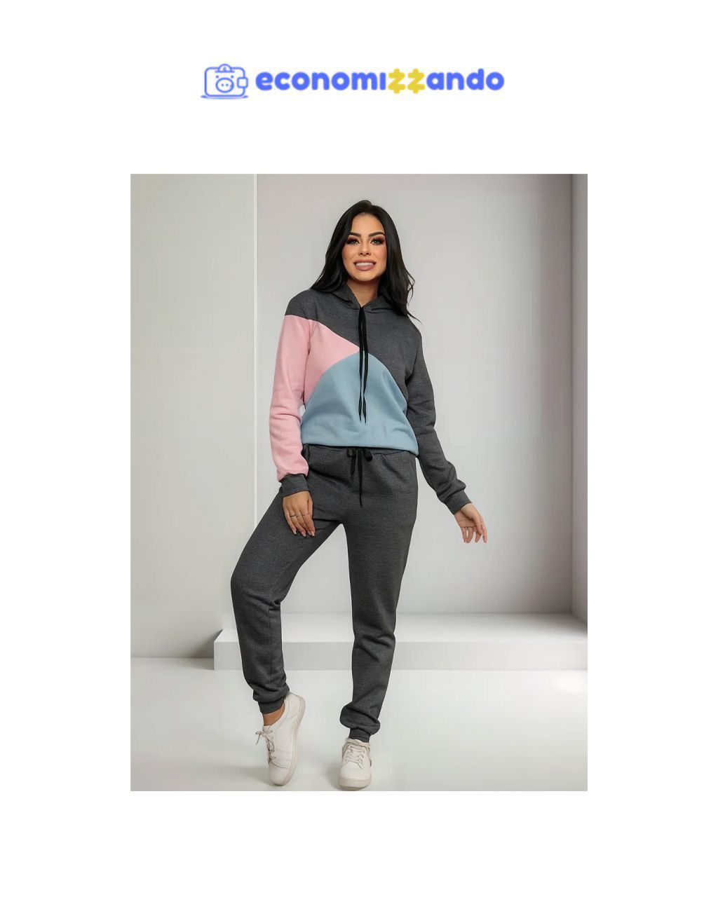 Conjunto Feminino De Moletom Flanelado Com Capuz E Cordão