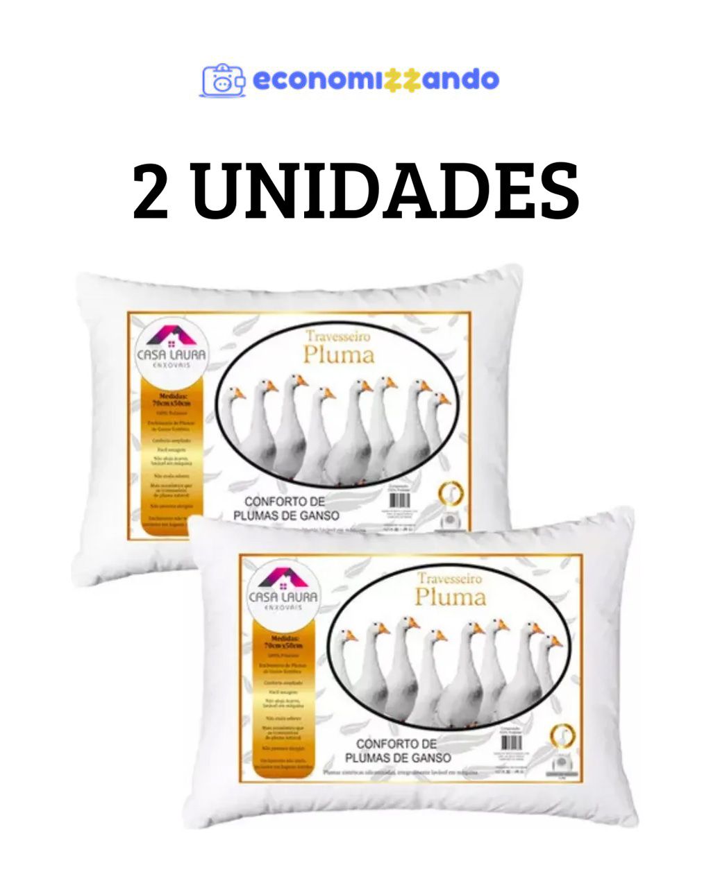 Kit 2 Travesseiros Macios Brancos Casa Laura Enxovais Pluma De Ganso Sintético Premium Hipoalergênico 