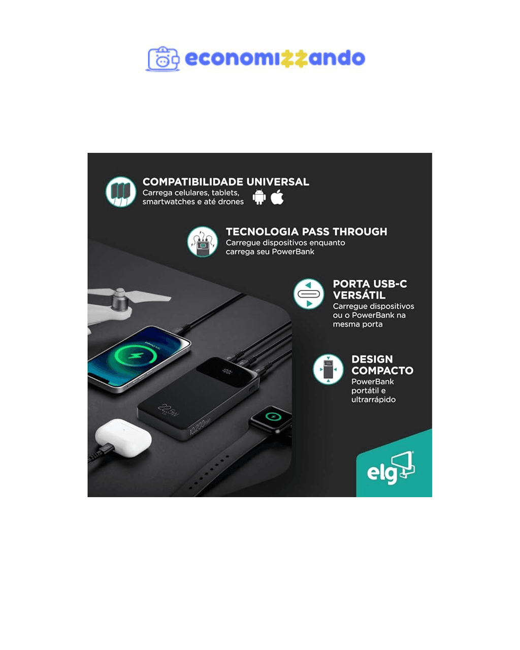 Power Bank ELG 10200mAH Micro USB e USB-C PB102BK