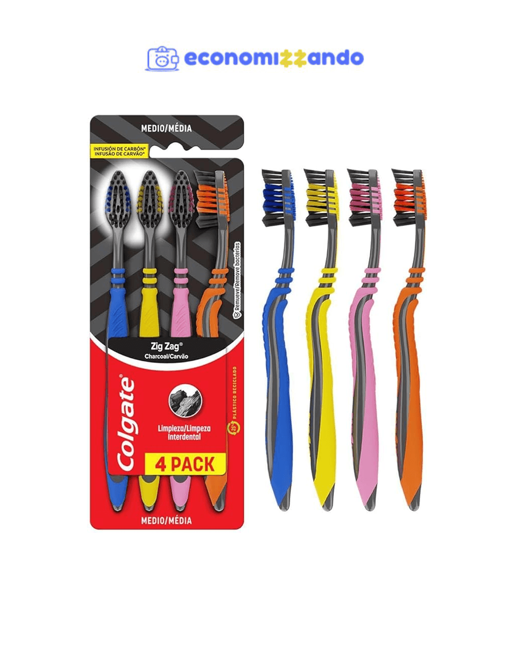 Escova Dental Colgate ZigZag Carvão Cerdas Macias - 4 Unidades