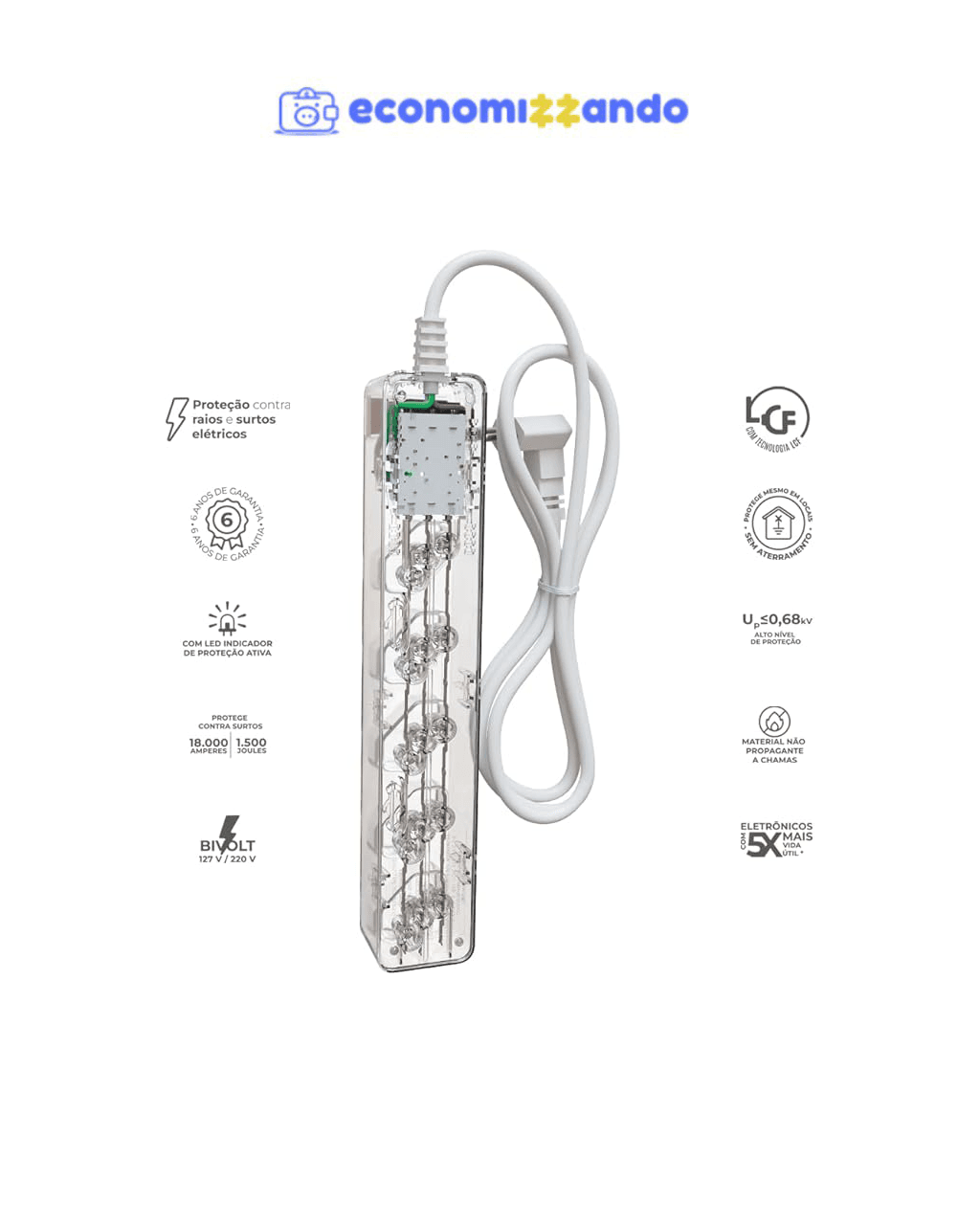 Filtro De Linha Protetor Elétrico 5 Tomadas iClamper - Transparente