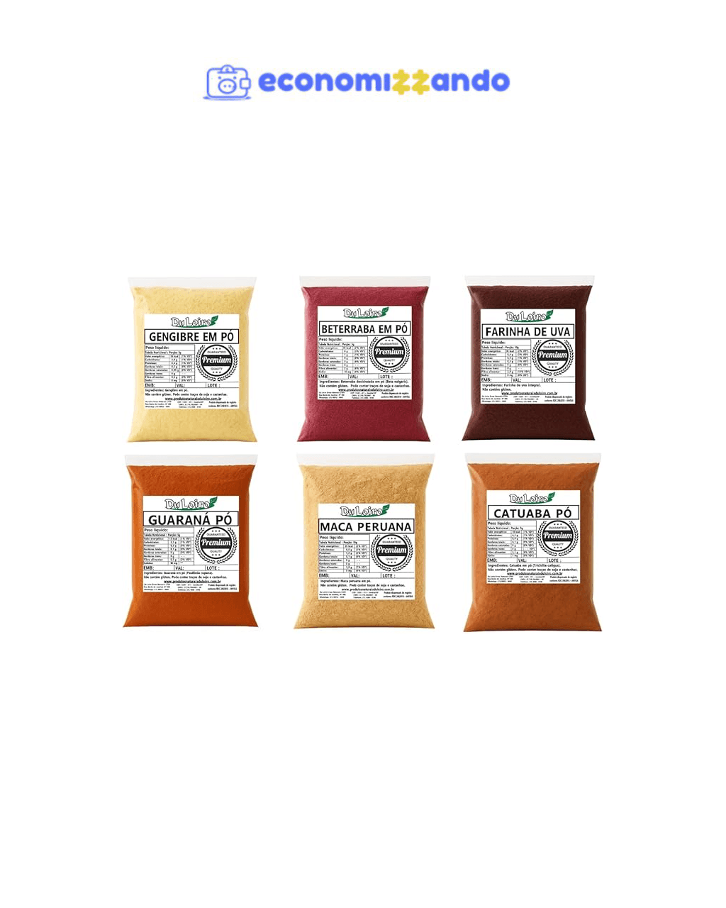 Kit Gengibre-Guaraná-Catuaba-Maca Peruana-Beterraba-Farinha de Uva (100grs de Cada)