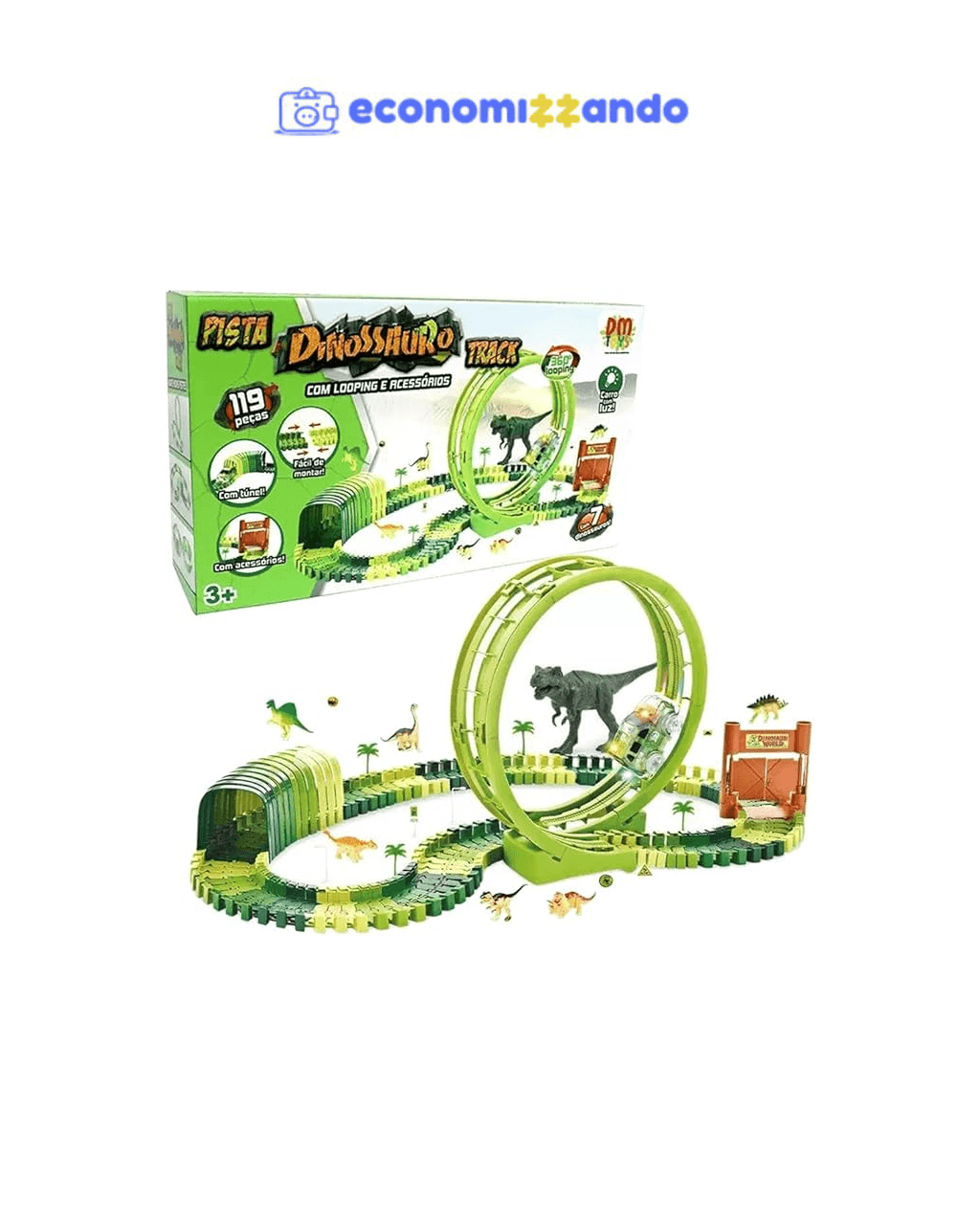 Pista Dinossauro Track com Looping e Acessórios 119 Peças + Carrinho - DM Toys