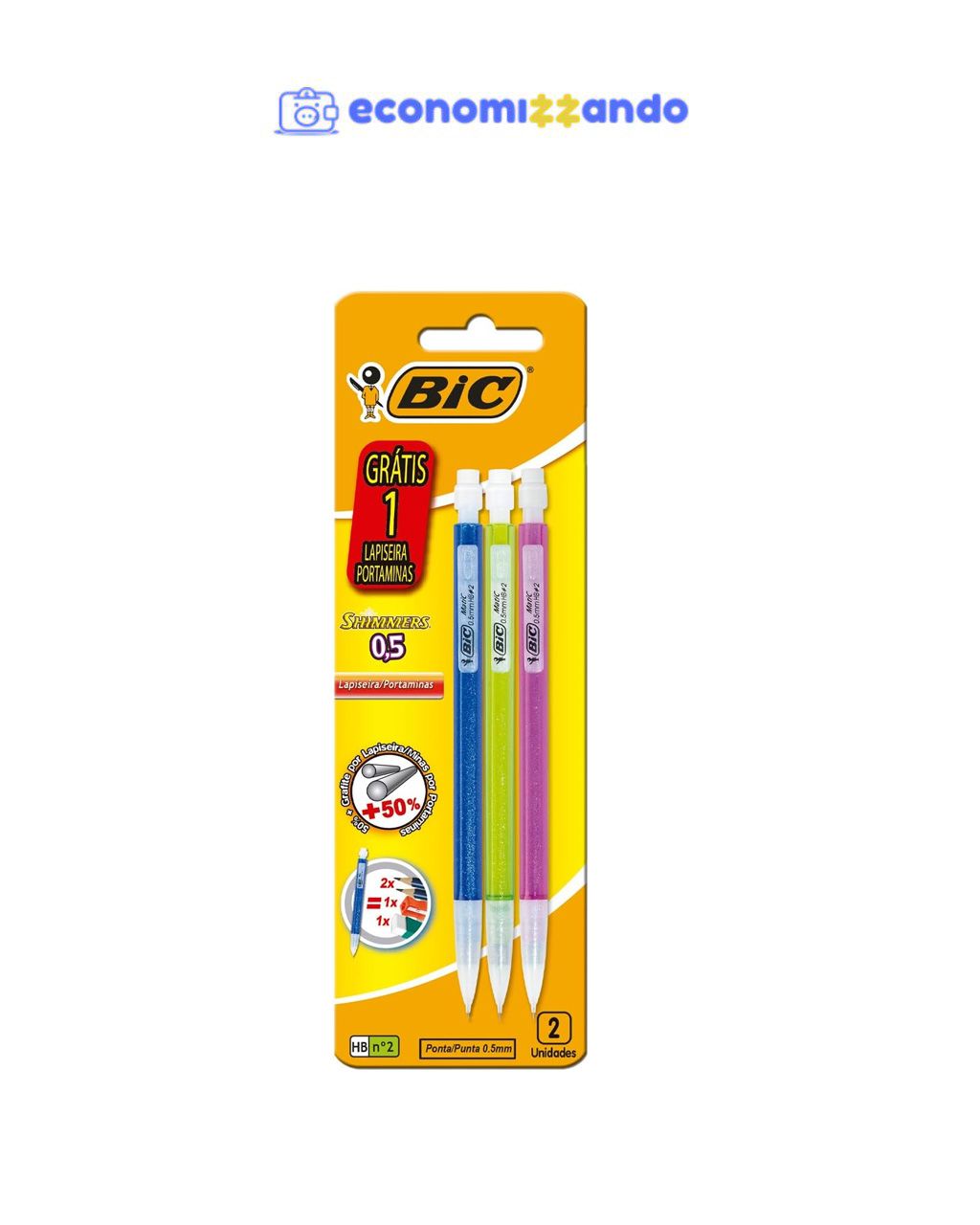 Lapiseira BIC Shimmers, Corpo Colorido Brilhante, Borracha na Ponta, Multicor, Embalagem Leve 3 Pague 2, 891945