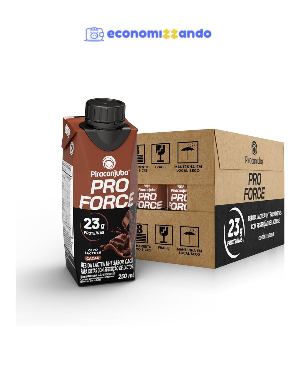 Piracanjuba ProForce 23g de Proteínas Zero Lactose Sabor Cacau - 12 Unidades de 250ml