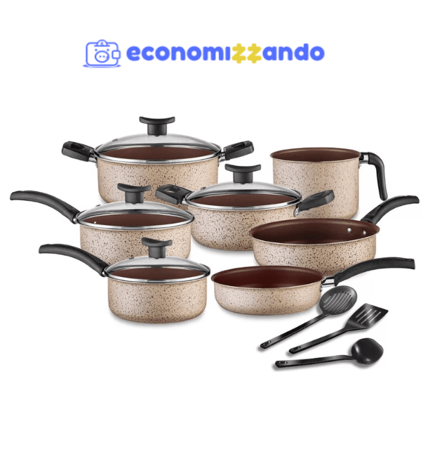 Conjunto De Panelas Antiaderente 10 Peças Teflon Linha Coffee Cappuccino Tampa De Vidro