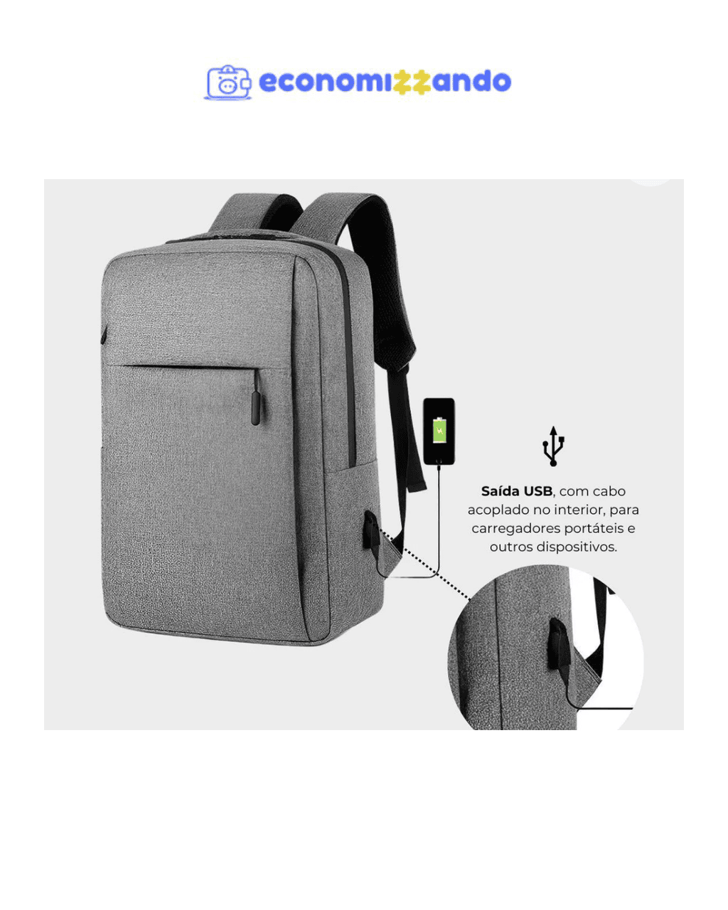 Mochila Executiva Notebook Slim Faculdade Trabalho Viagem Passeio Reforçada com Porta USB 15,6'' Cinza