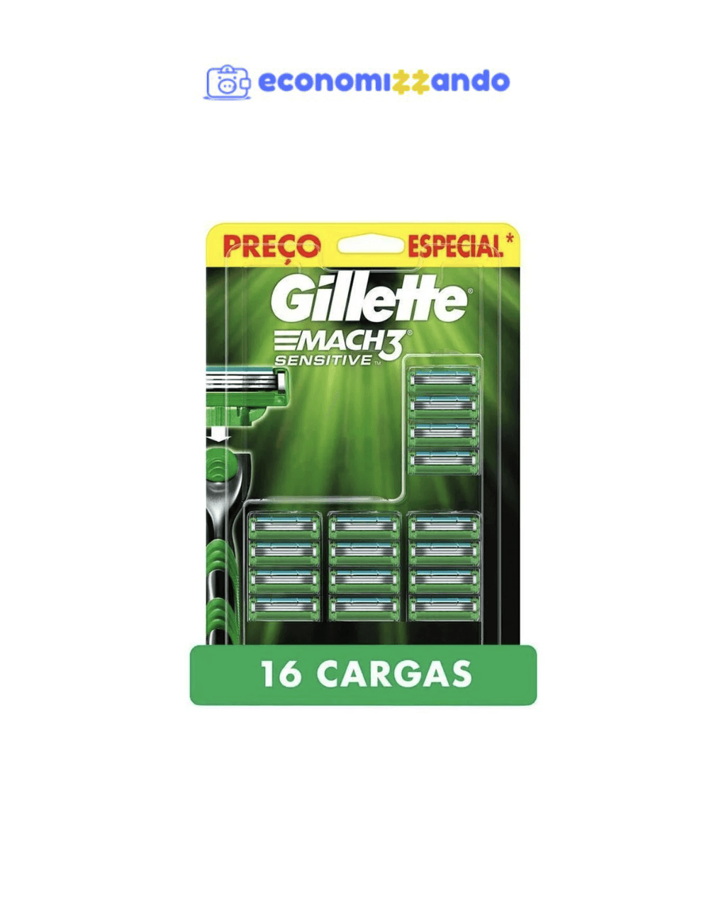 Carga para Aparelho de Barbear Gillette - Mach3 Sensitive 16 Cargas - Verde