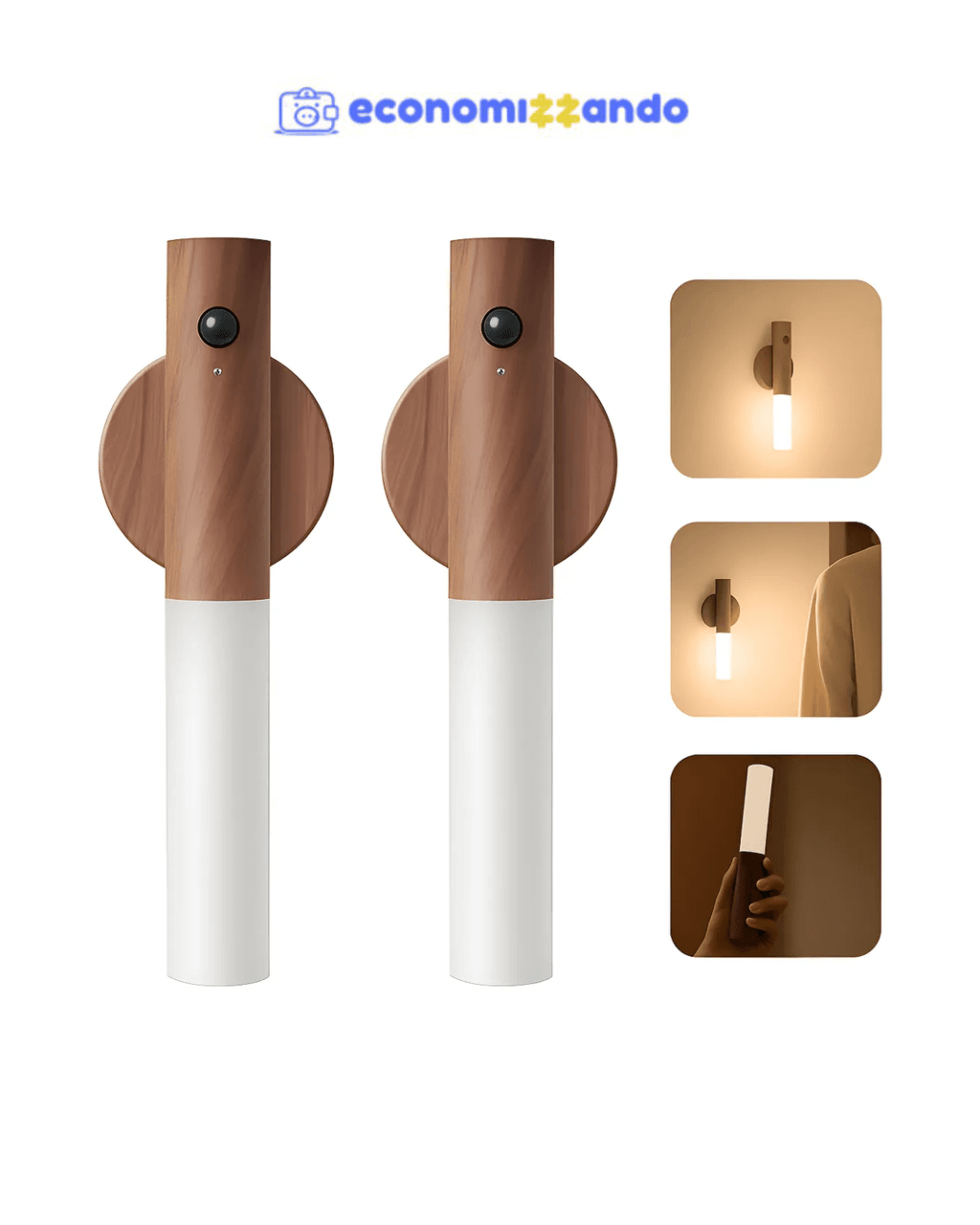 Kit 2 Luminária Recarregável Luz Led Sensor Presença Madeira