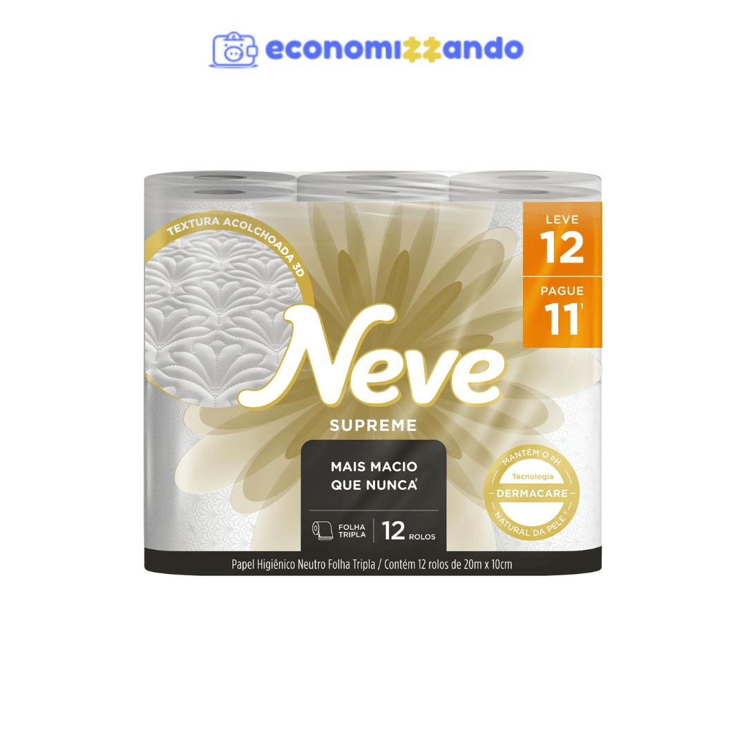 Neve Papel Higiênico Supreme Folha Tripla, 20m, Leve 12 Pague 11 Rolos