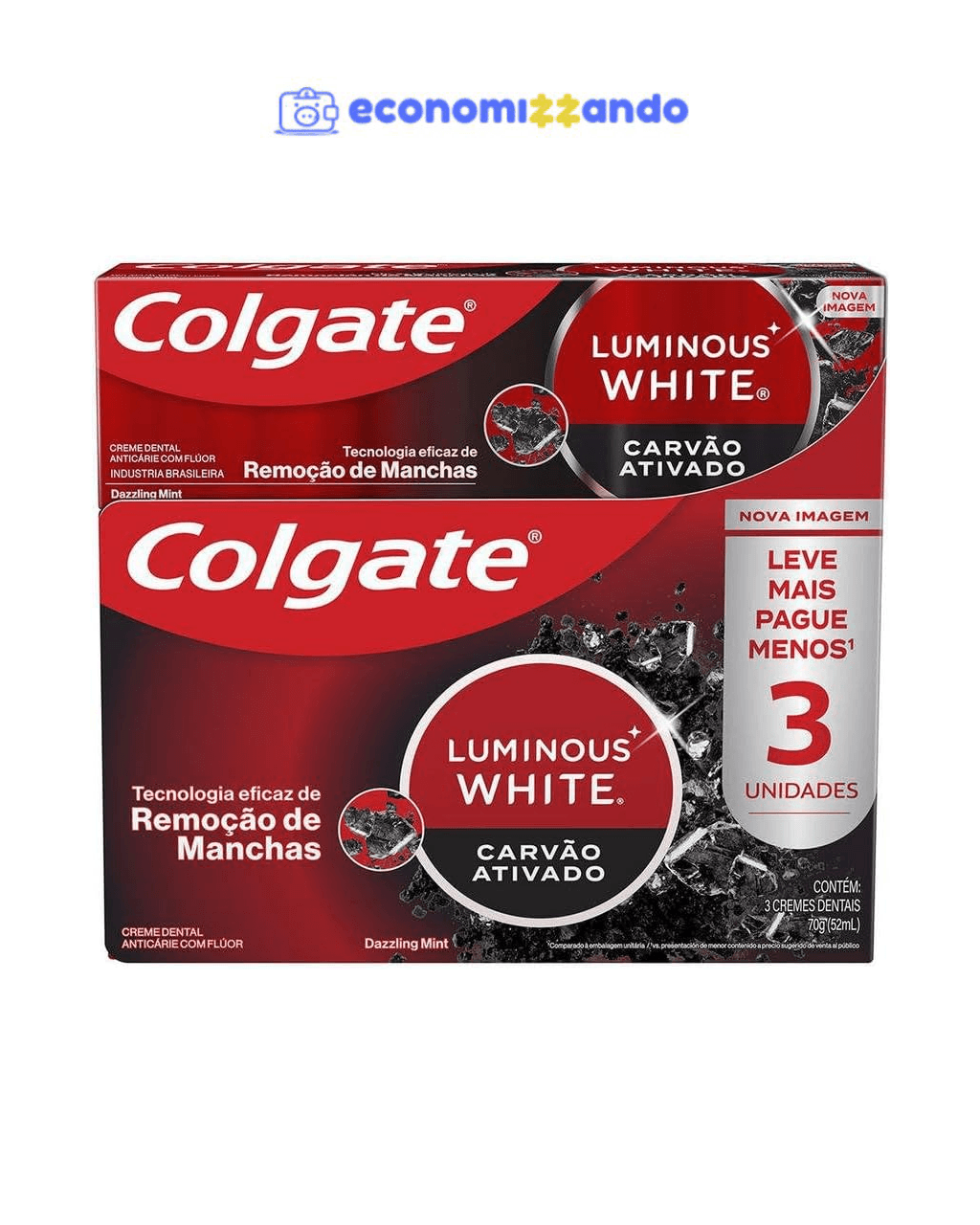 3 unidades - Colgate Luminous White Creme Dental Clareador Carvão Ativado 70g 