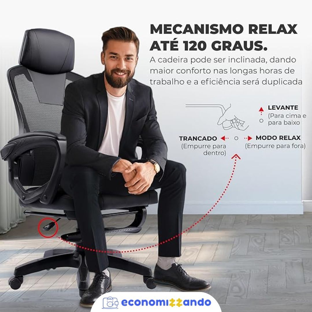 Cadeira Office Presidente Supreme - Cadeira Ergonômica Reclinável - Até120kg, Giratória, Inclinação 12 graus, Encosto com Tela Mesh, Espuma Dupla, Rodas de Duplo Giro - Preta