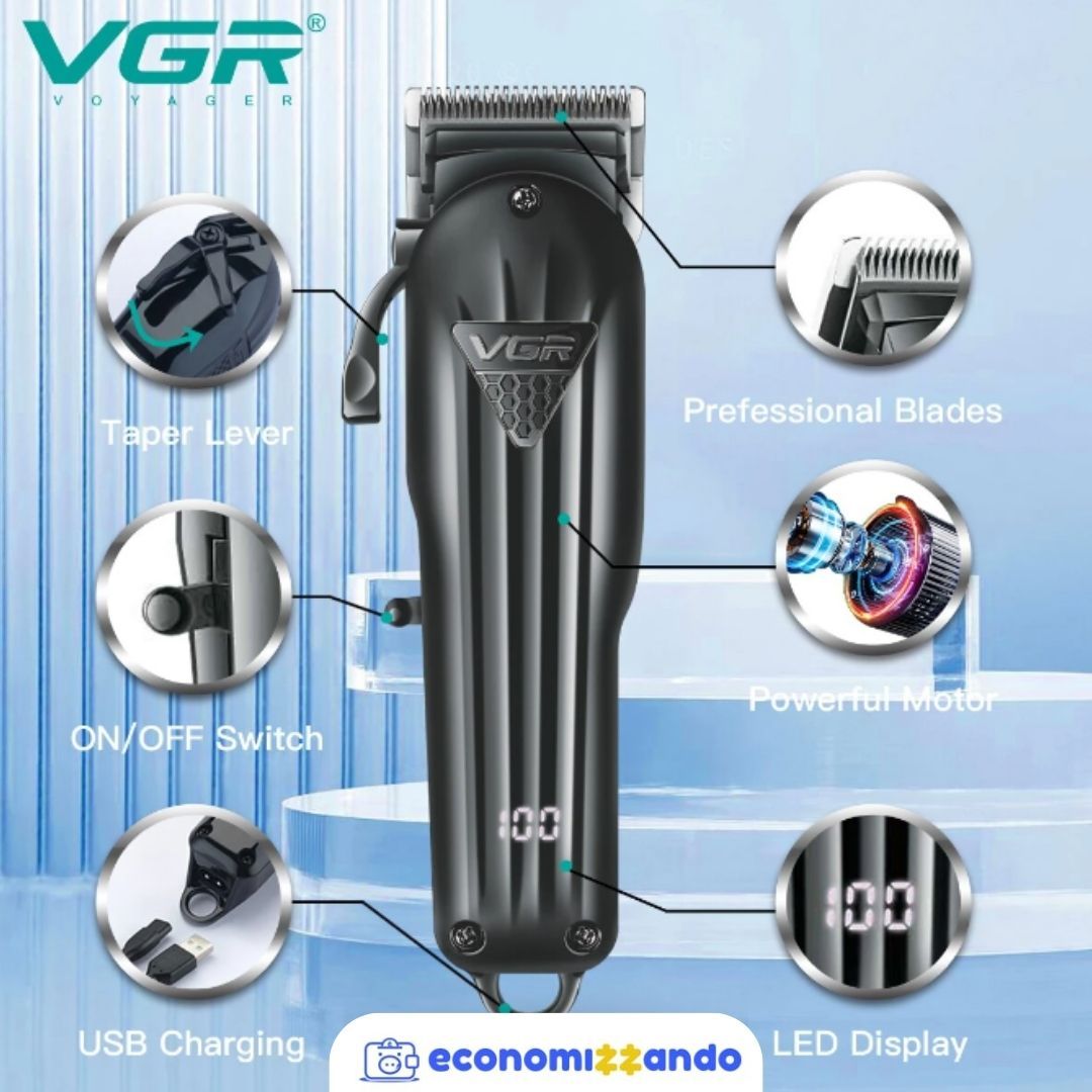 Máquina de Cortar Cabelo Profissional VGR com altura da lâmina ajustável de 0,8mm-2mm + 6 pentes separados de até 13mm