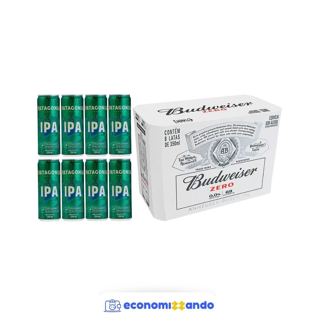 Cerveja Patagonia IPA Lata Sleek 350ml - 8 Unidades + Cerveja Budweiser Zero Álcool Lata Sleek 350ml
