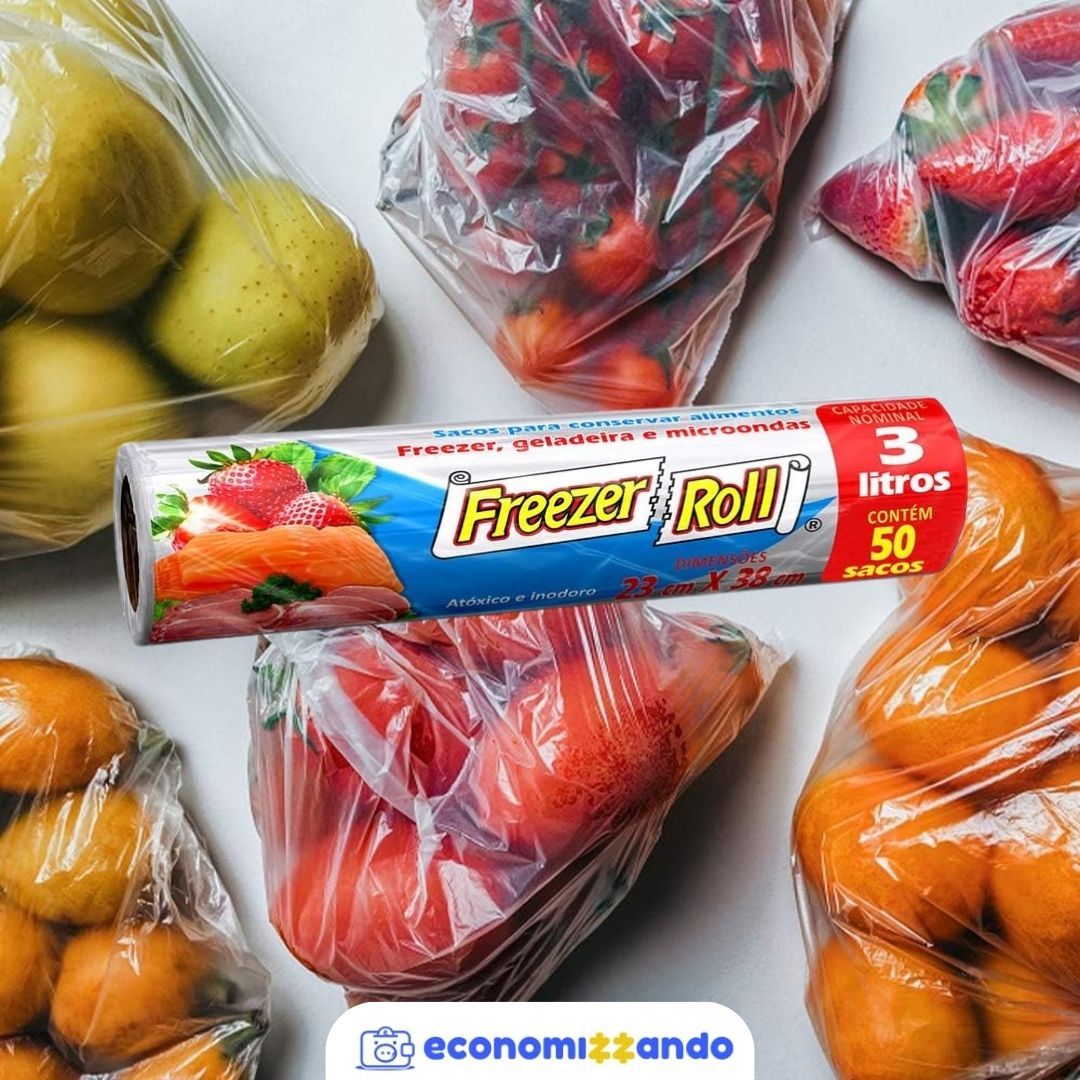 Saco para alimentos Freezer-Roll, 3 litros, transparente, rolo com 50 sacos cada