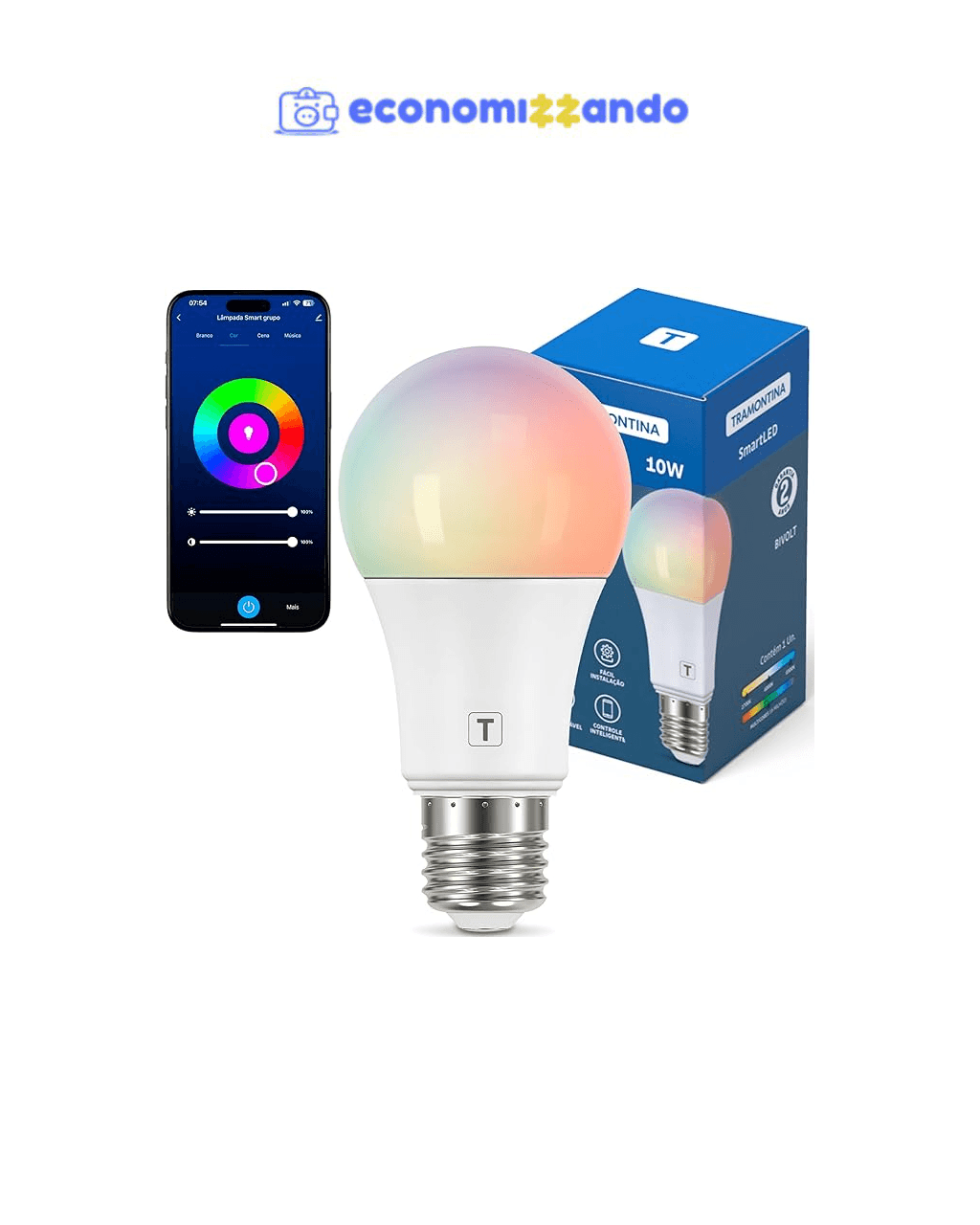 Tramontina Lâmpada Smart​ LED Inteligente E27​ 10W Wi-Fi   Bluetooth​ 16 Milhões de Cores - Compatível com Alexa e Google Assistente