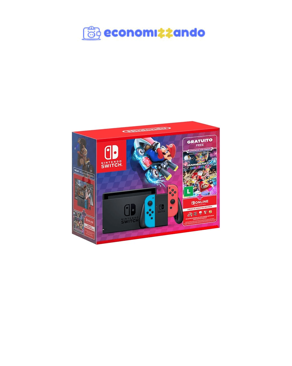 Nintendo, Console +Jogo, Switch Azul e Vermelho, Jogo Digital Mario Kart 8 Deluxe, 3 Meses de Assinatura Nintendo Switch Online