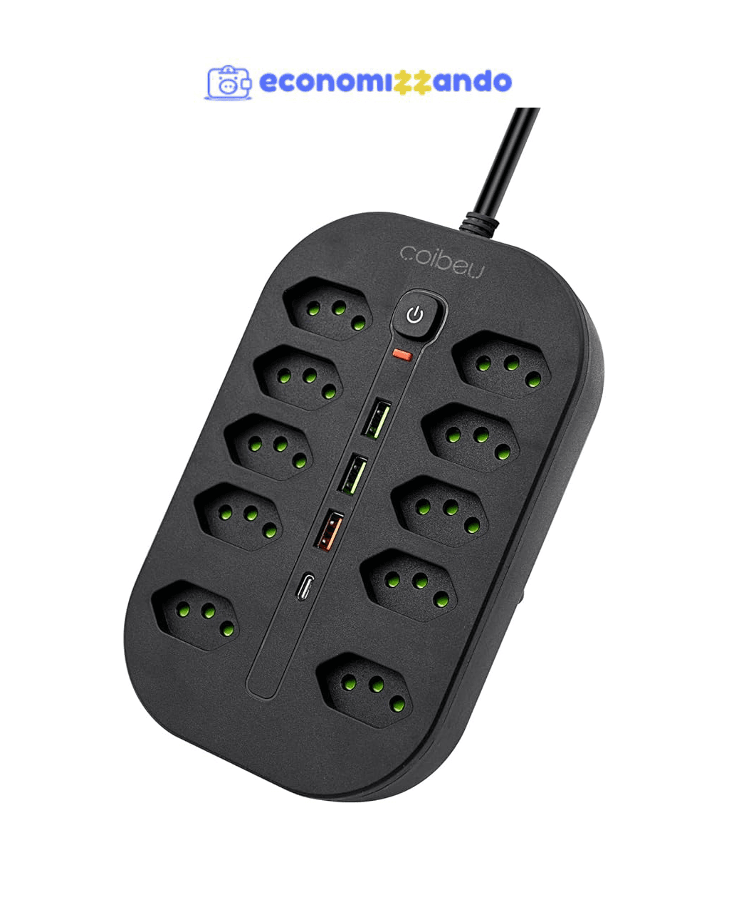 Extensao Eletrica, Extensão Tomada, Régua Tomada, Régua de Energia, 10 Tomadas, 3 Interfaces USB, 1 Porta USB Tipo-C, Cabo de Alimentação de 1,9 metros, Suporte a Tensão de 110-220V, Preto