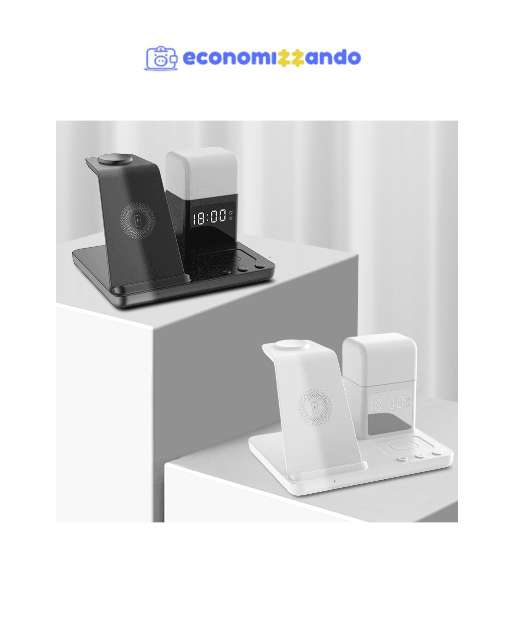 6 em 1 Carregador sem fio para celular de 15 W com funções de luz noturna de mesa e despertador