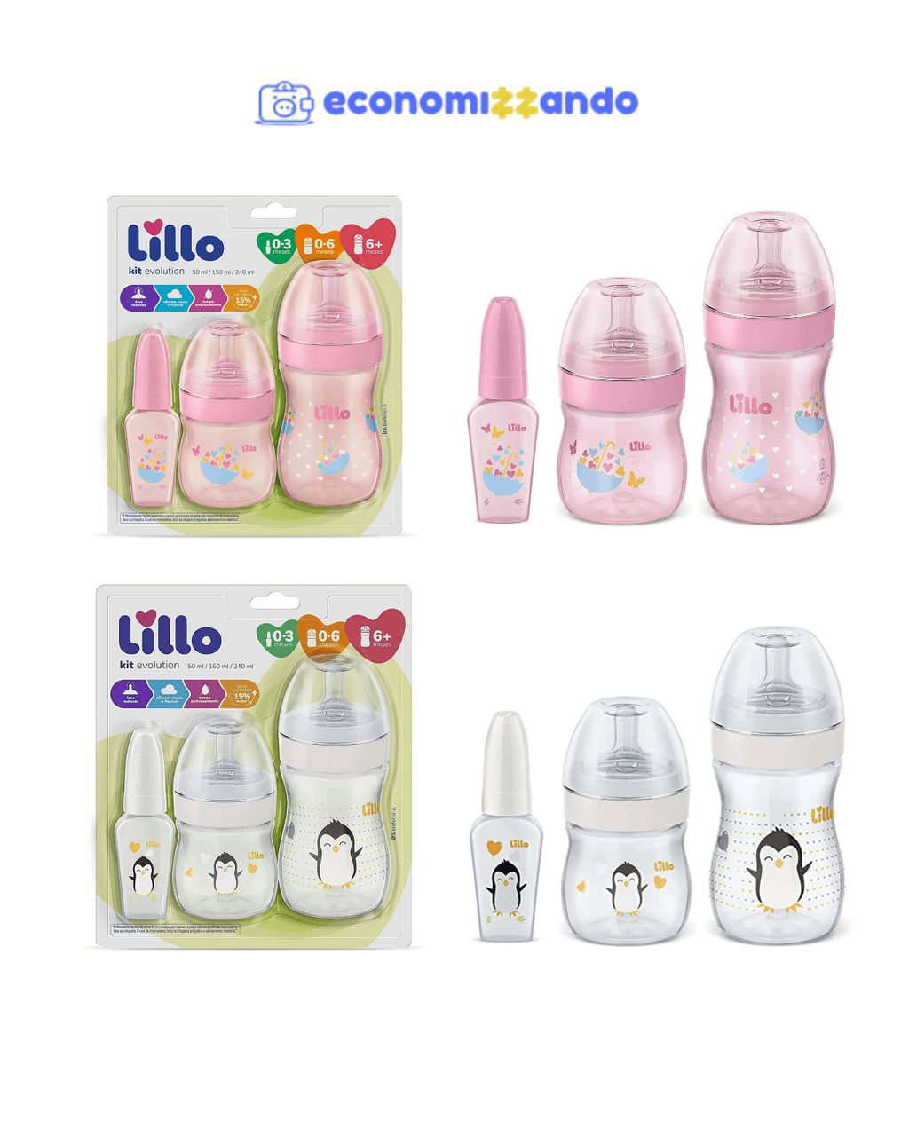 Kit 3 Mamadeiras Lillo Evolution Primeiros Passos de 0 a 1 ano Tampa Anti-vazamento