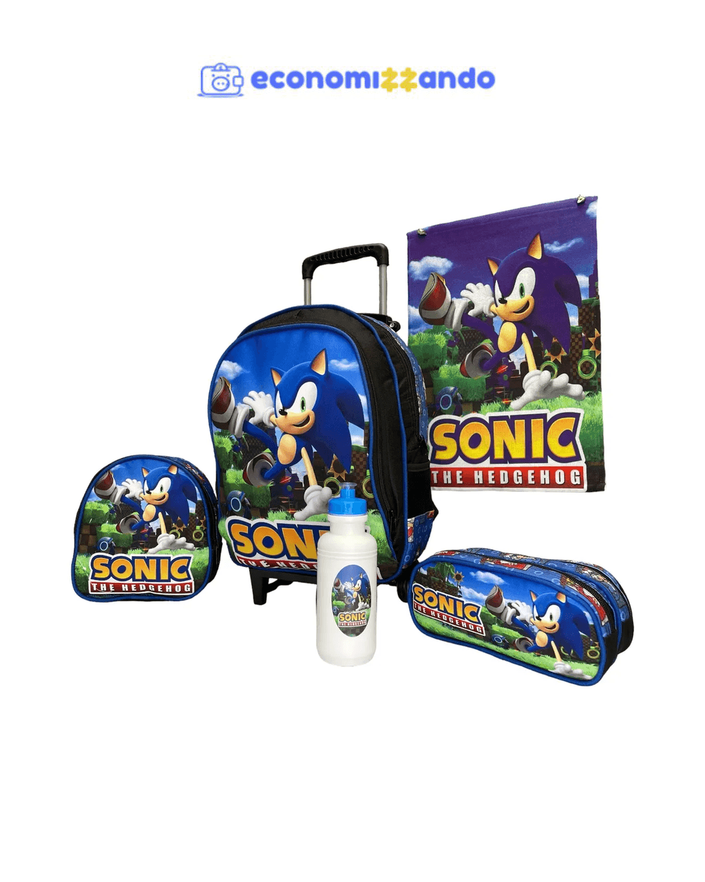 Kit Mochila Infantil Sonic Rodinhas Lancheira E Estojo Duplo - Preta - Sonic
