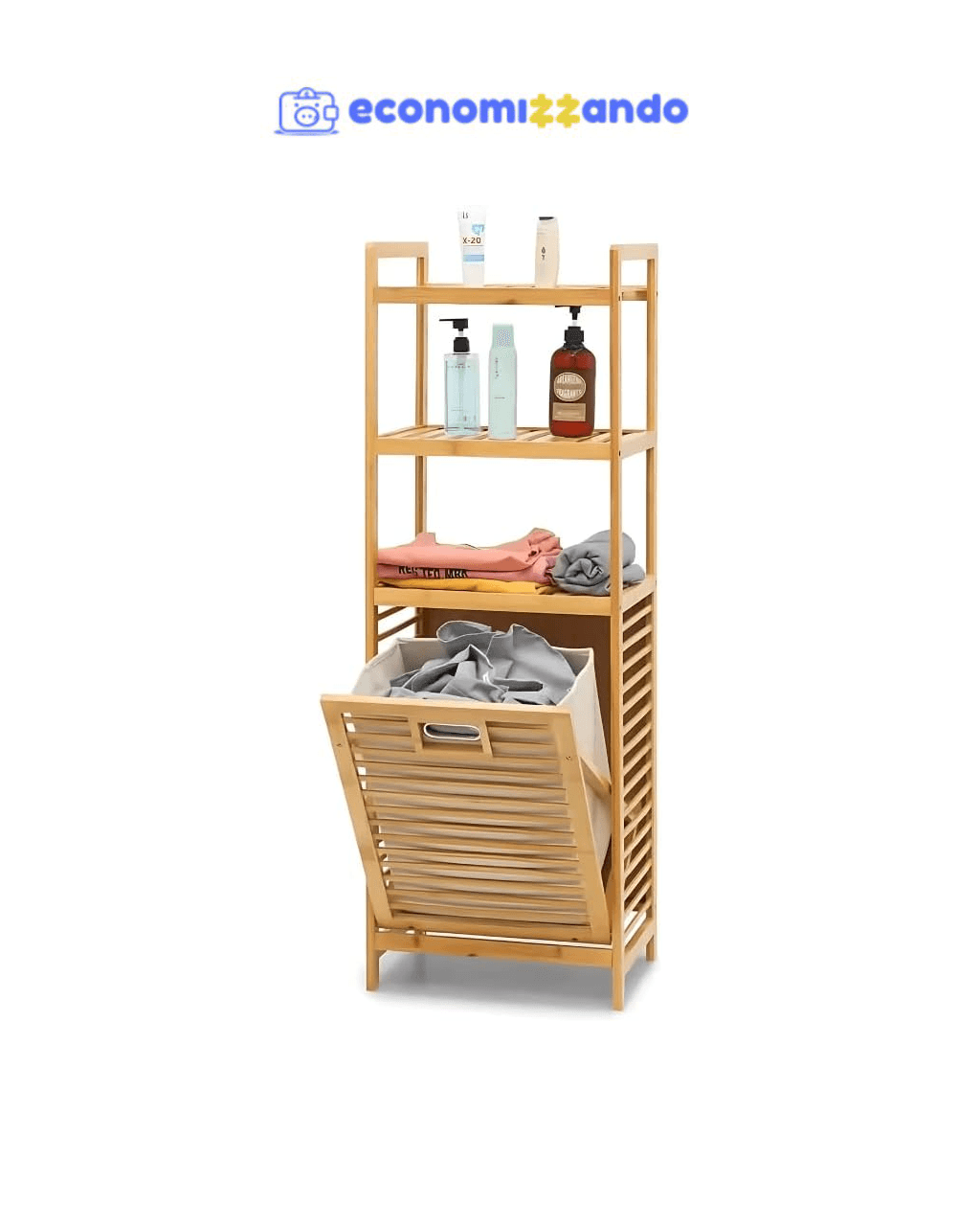 Cesto Bambu de Lavanderia Inclinável com Prateleiras de Armazenamento 3 Camadas, Cesta de Roupas Removível, Armário, Banheiro, Quarto, Natural, Heimon