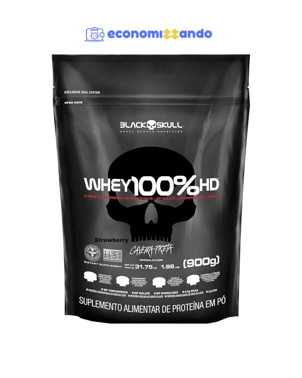 Whey 100% Hd - 900G Refil Morango, Black Skull
