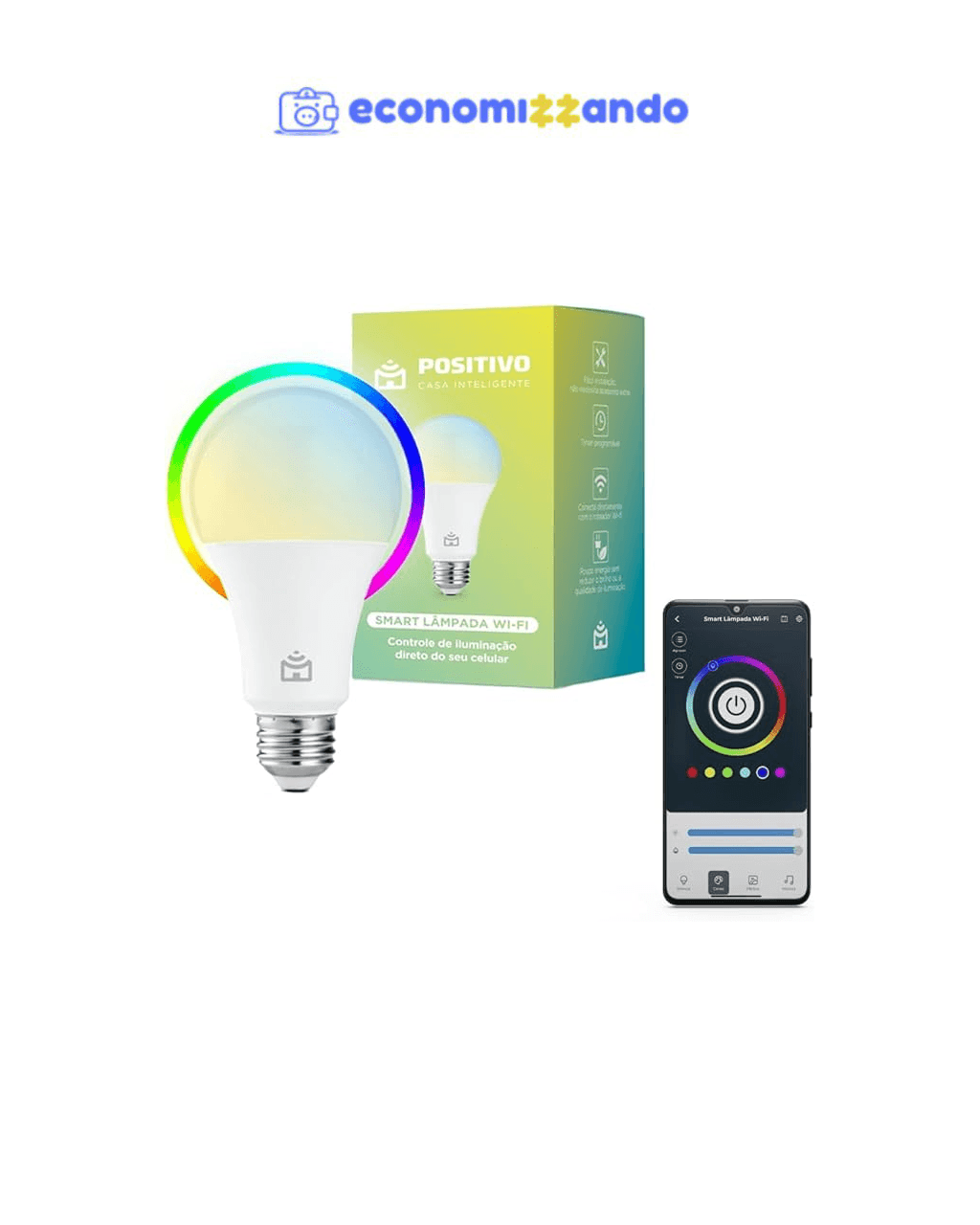 Smart Lâmpada Wi-Fi Positivo Casa Inteligente, Iluminação Branca (Quente e Fria) e RGB (Até 16 Milhões de Cores), 9W