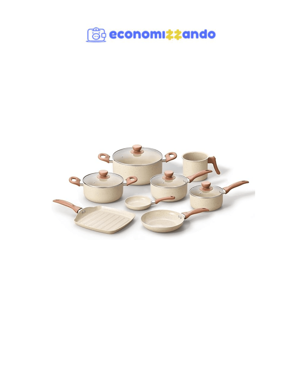 Oikos - Jogo com 8 Panelas Antiaderentes de Revestimento Cerâmica com Tampa de Vidro Terrara Bege com 5 Camadas para Fogão a Gás, Elétricos, Cerâmicos e Halogênio