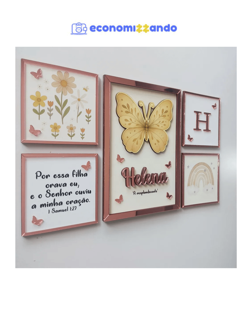 Kit 5 Quadros Decoração  Borboleta Com Nome  Quarto De Bebê