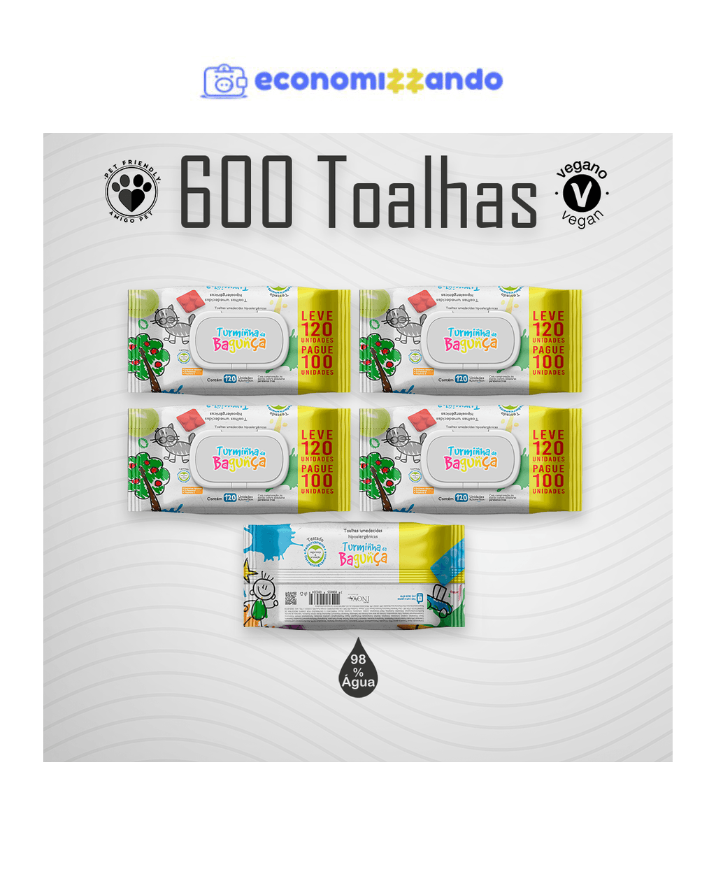 IndicadoKit 5 Pacotes Toalhas Umedecidas TURMINHA DA BAGUNÇA 120 folhas - 19x13cm com tampa