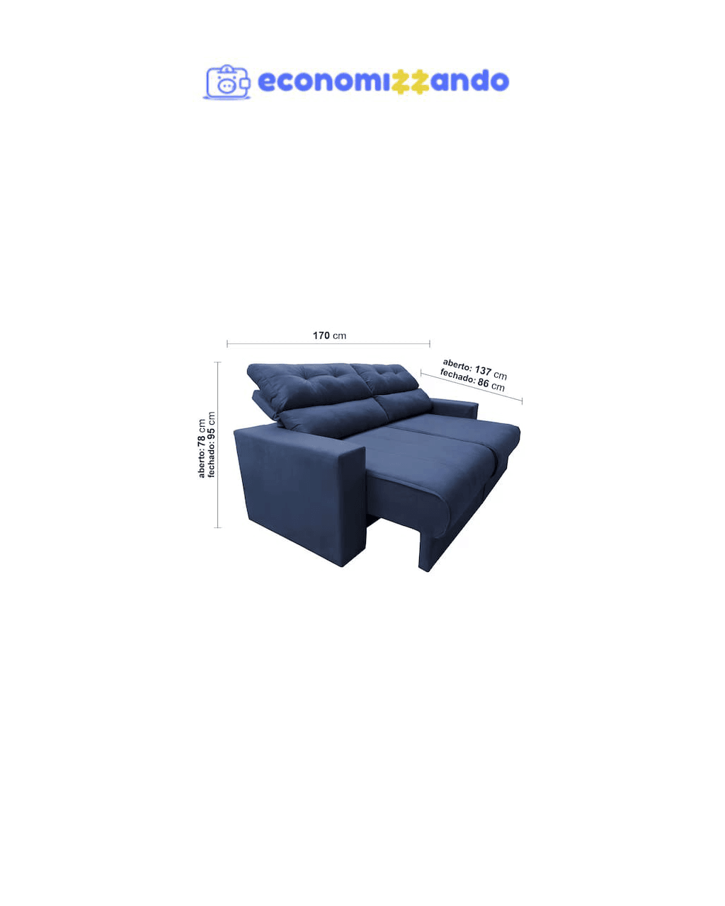 Sofá 3 lugares Cama inBox Clean com Assento Retrátil, Encosto Reclinável em Tecido Velusoft e 170cm de Largura - Azul
