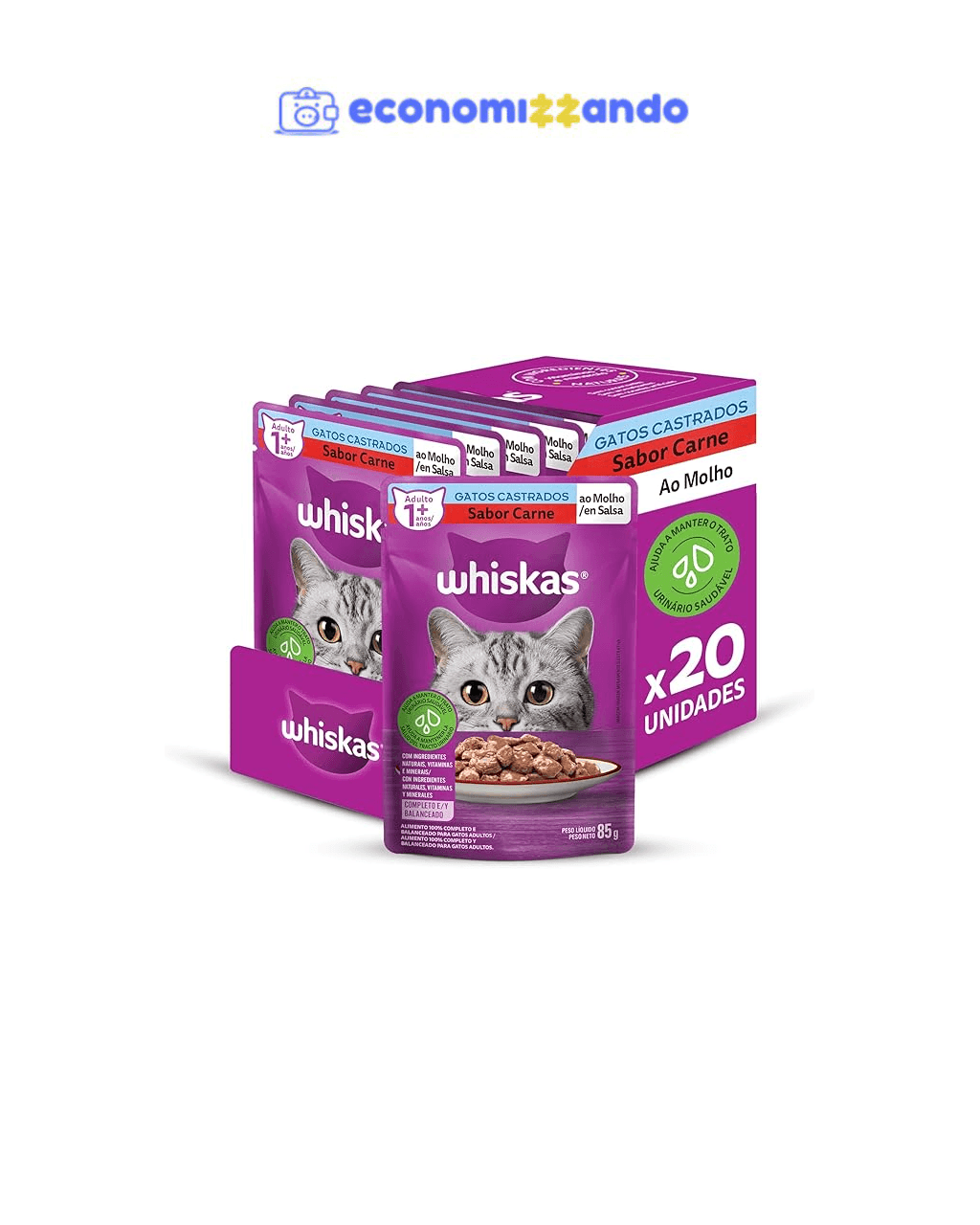 Pack Ração Úmida Whiskas Sachê Carne ao Molho para Gatos Adultos Castrados 85 g - 20 unidades