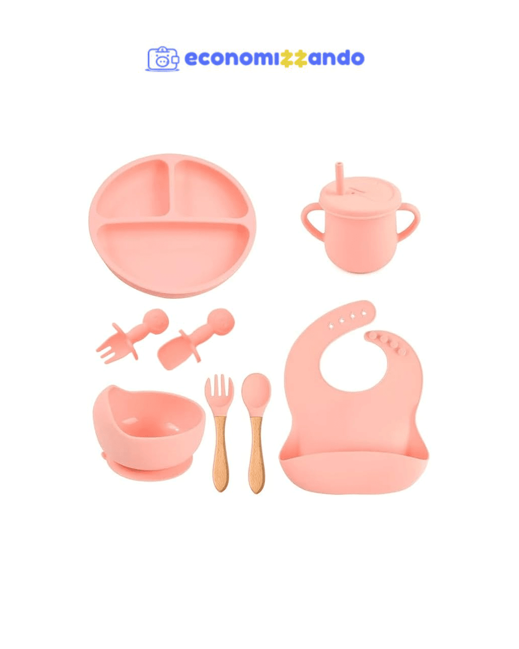 Kit Introdução Alimentar Bebe 8 Peças Silicone Iniciação Para Alimentos Livre de BPA Atóxico Antibacteriano Seguro Sem Pontas Colher, garfo, copinho, pote e pratinho Criança 6 meses Rosa