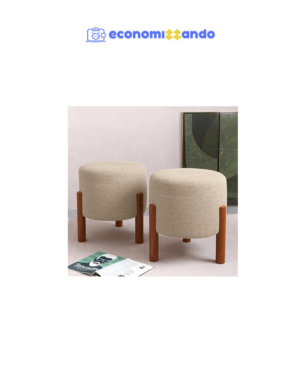 Kit 2 Puff Banquinho Redondo Decorativo Thor em Linho Pés Madeira Maciça Cor Bege