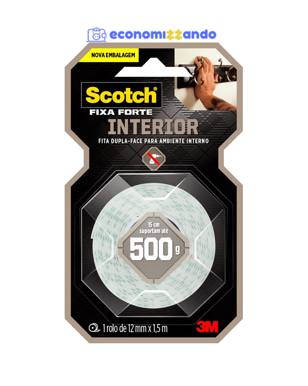 Scotch, 3M, Fixa Forte, Fita Dupla Face, Espuma, 12mm x 1,5m