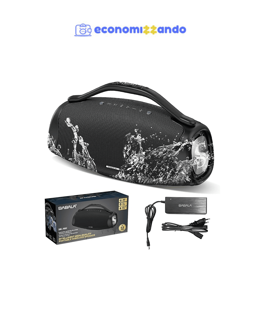 Caixa de Som Bluetooth SABALA DR-909 Boombox,39000mAh 200W Bluetooth 5.3, 36H IPX6 TWS, Portátil, USB Powerbank (Preto)