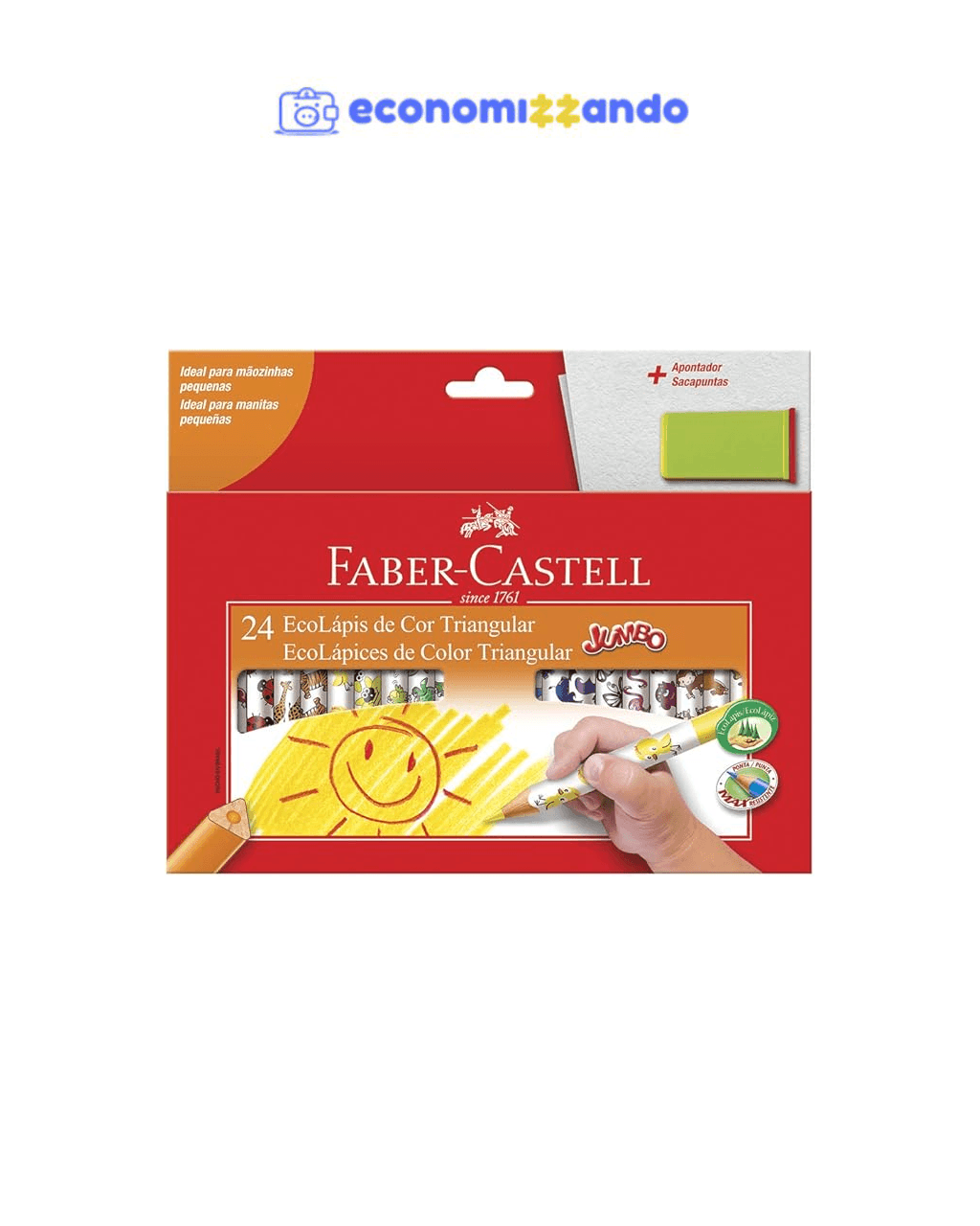 Lápis de Cor, Faber-Castell, Ecolápis Triangular Jumbo   Apontador com Depósito, 12.3024AP, 24 Cores