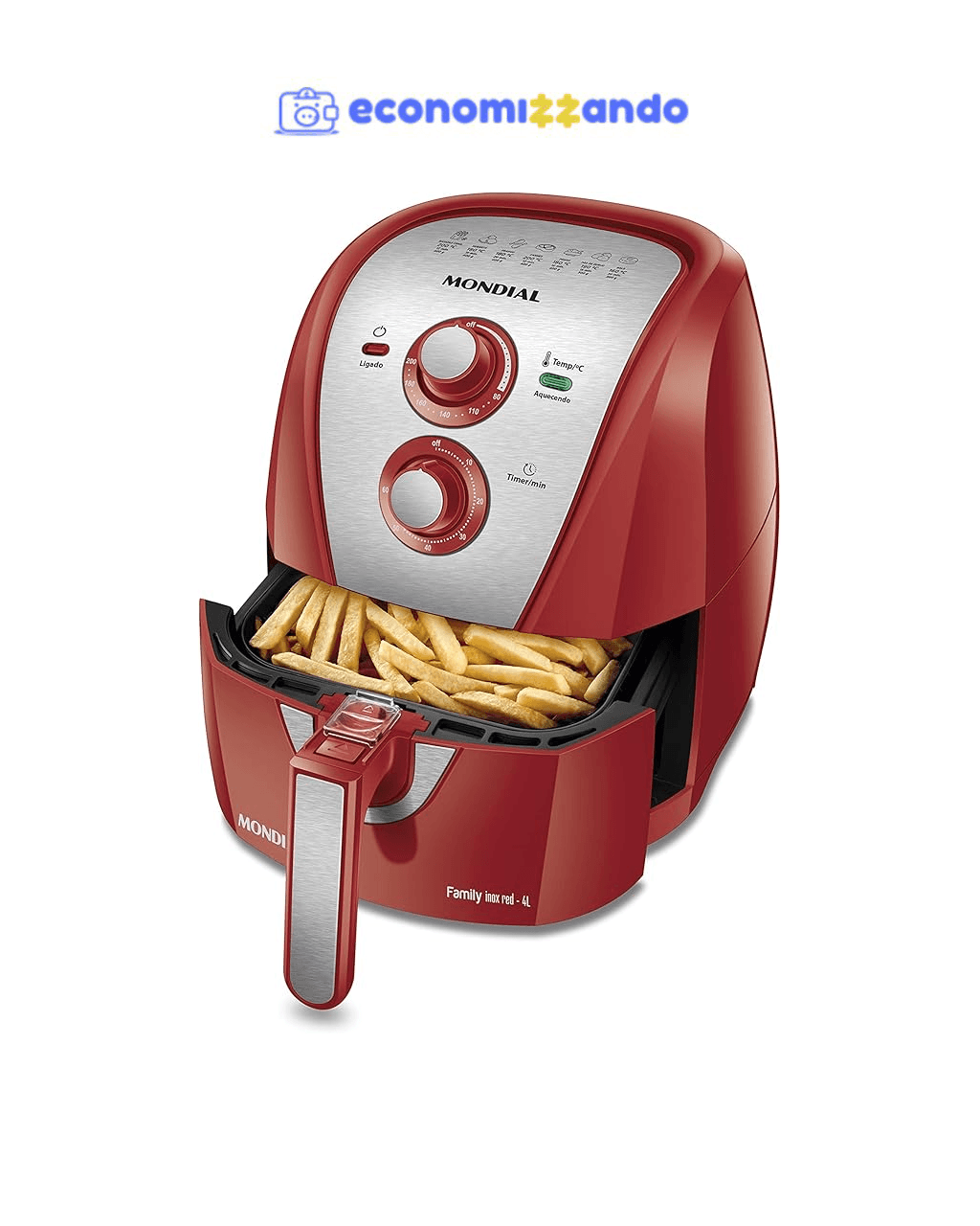 MONDIAL Fritadeira Sem Óleo Air Fryer 4L, Vermelho/Inox, 1500W, 110V - AFN-40-RI