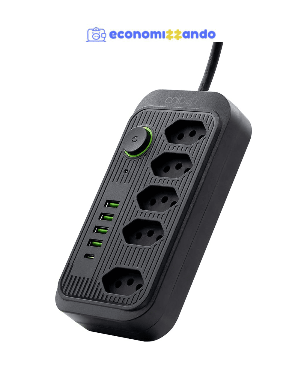 Extensão Tomada, Régua Tomada, Régua de Energia, 5 Tomadas, 4 Interfaces USB, 1 Porta USB Tipo-C, Cabo de Alimentação de 1,9 metros, Suporte a Tensão de 110-220V, Potência de 2500W (Preto)