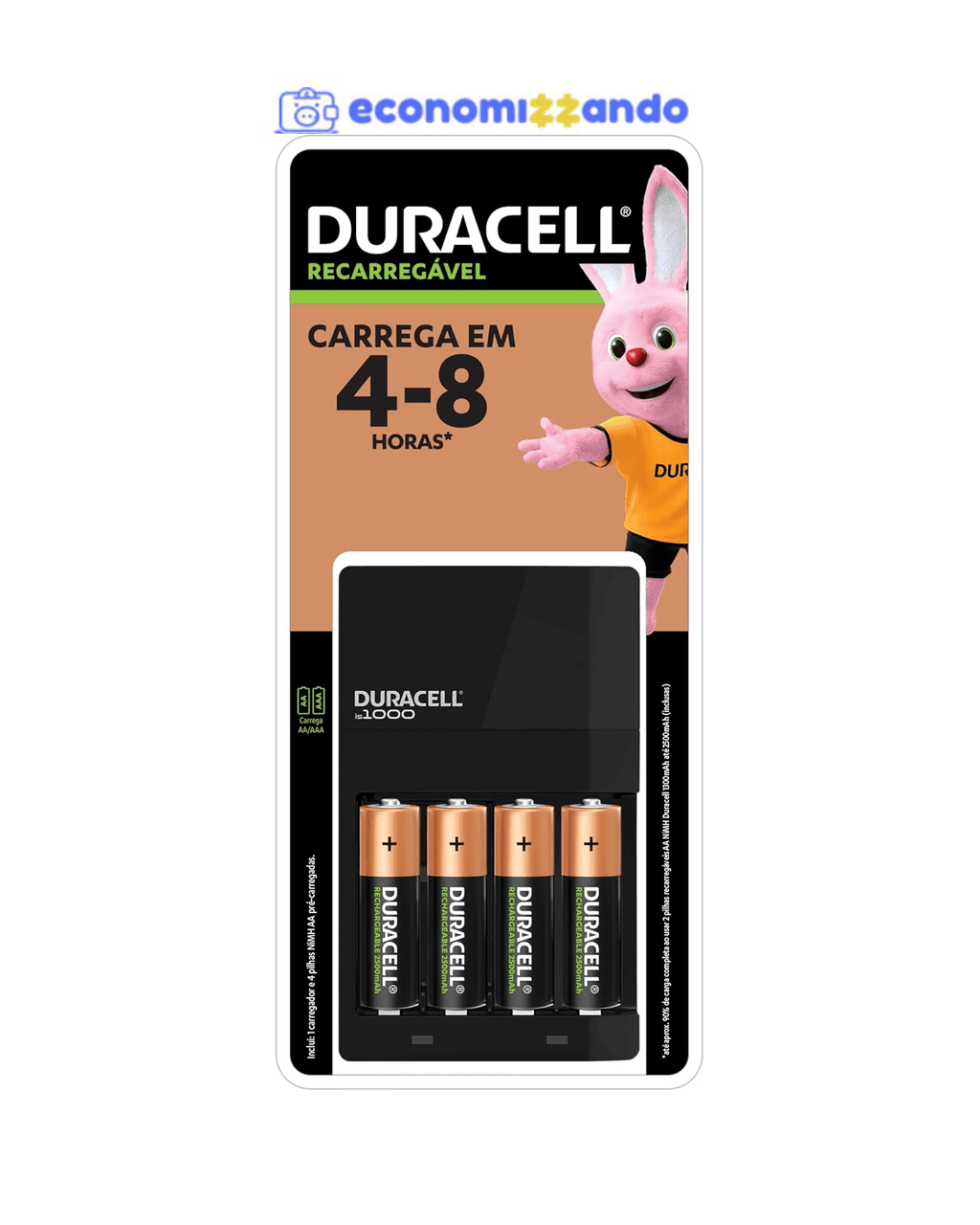 DURACELL - Carregador de Pilhas Recarregáveis AA e AAA Com 4 Pilhas AA