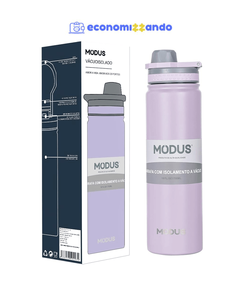 MODUS Garrafa de Água Térmica Inox Esportiva Academia Isolada a Vácuo Aço Inox 750ML (Roxo)