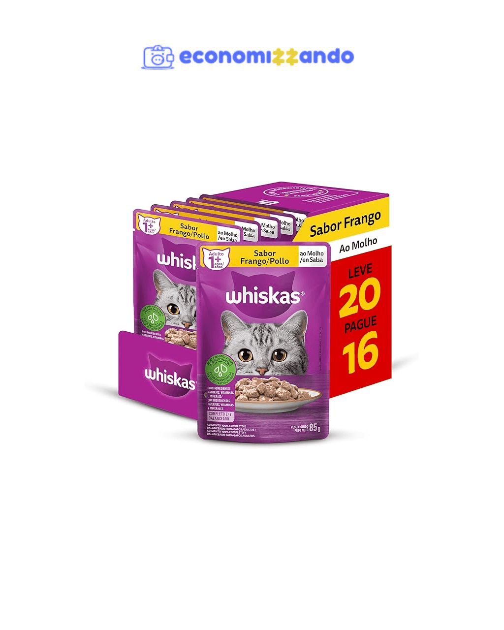 Pack Ração Úmida Whiskas Sachê Frango ao Molho para Gatos Adultos - Leve 20 Pague 16