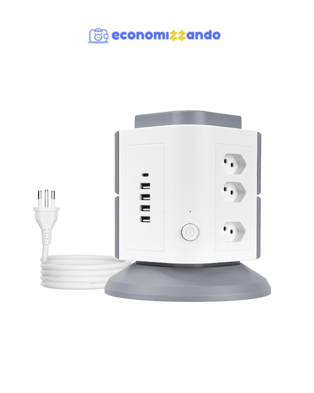 COIBEU Torre de Tomadas Branca 9 4 1 - 9 Tomadas +4 USB   1 Type-C Cabo 2m Proteção Contra Sobrecarga