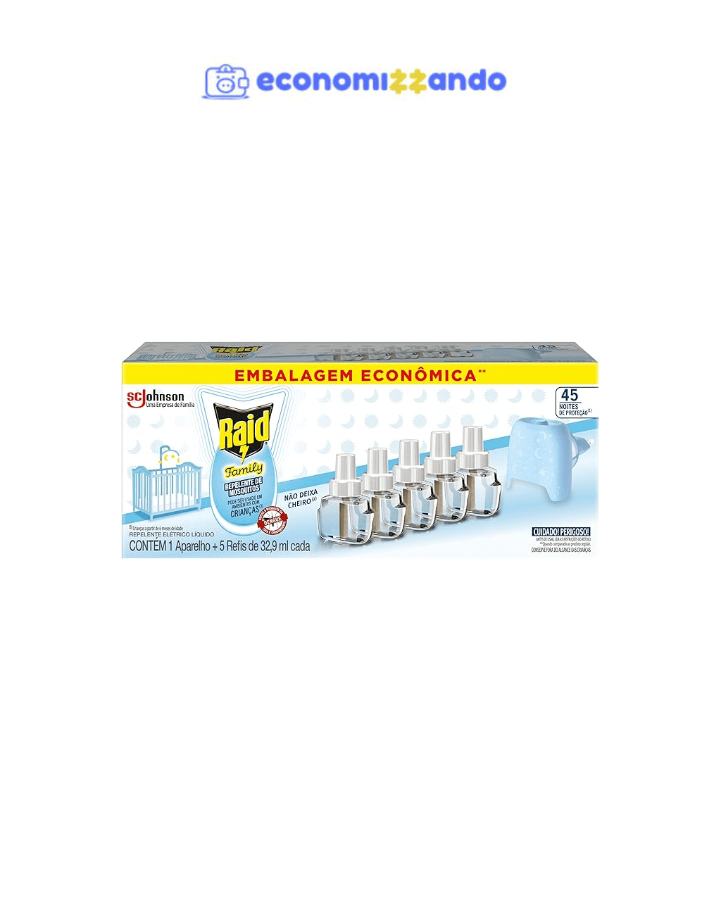 Raid Repelente Eletrico Líquido Family, 45 Noites, 5 Refis de 32,9ml