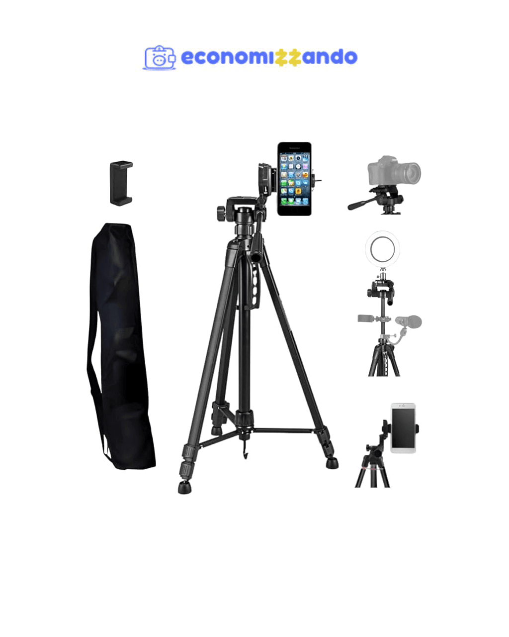 Tripé Profissional Celulares e Câmeras 1,50m de Altura, Estabilizador De Fotos e Vídeos, Suportes e Travas, Pés Antiderrapantes, Bolsa de Transporte, Regulagem de Altura e Nivelador, Cabeça 3 Vias